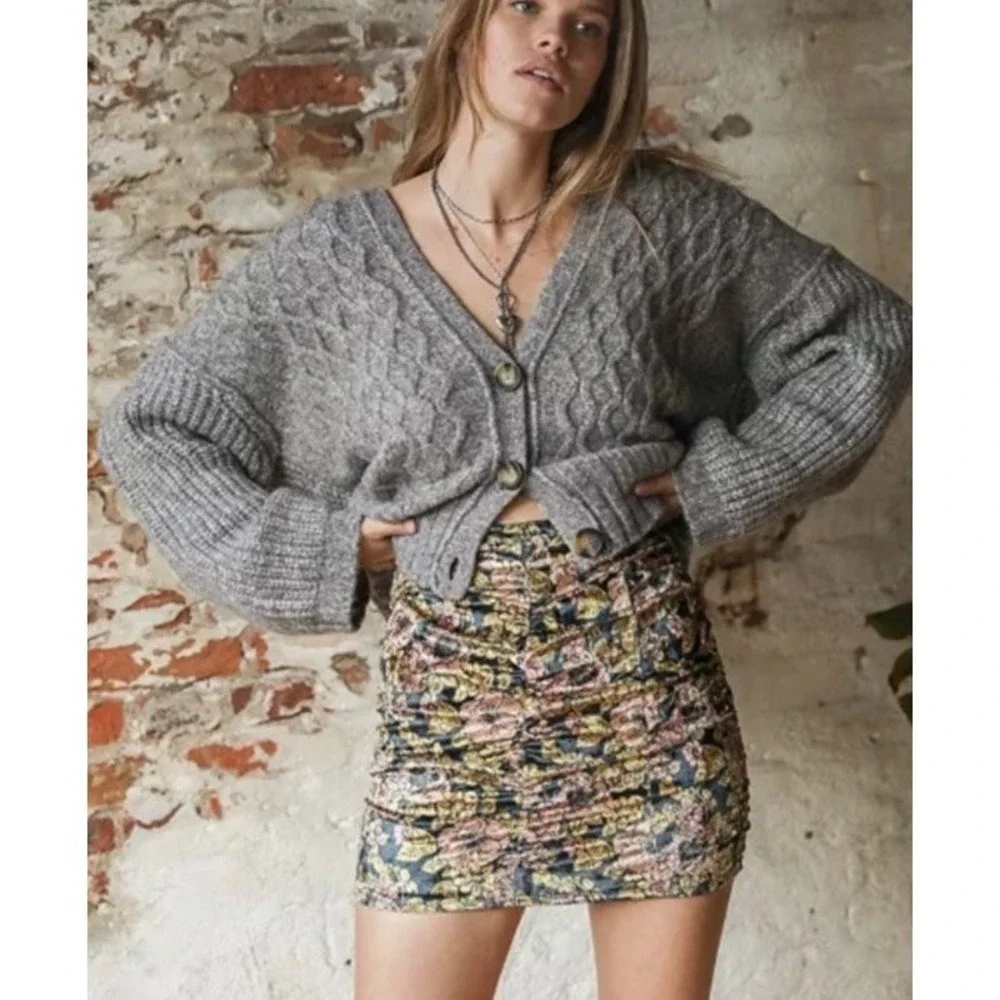 Free People NWOT Gigi Miniskirt Pink Floral Velvet Burnout Ruched Size Medium